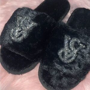 Black Faux Fur Crystal-Embellished Slide Slippers
